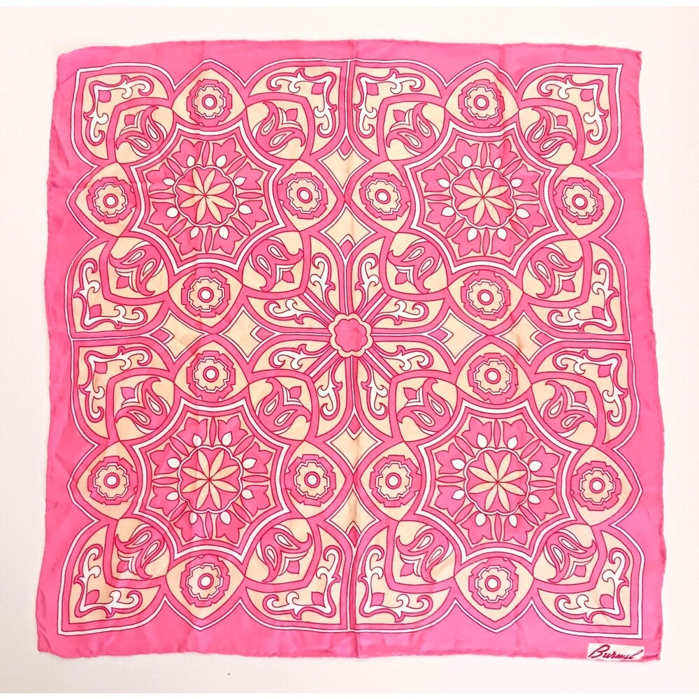 VTG Burmel 100% Silk Scarf 22" Pink Medallion Print Rolled Edge